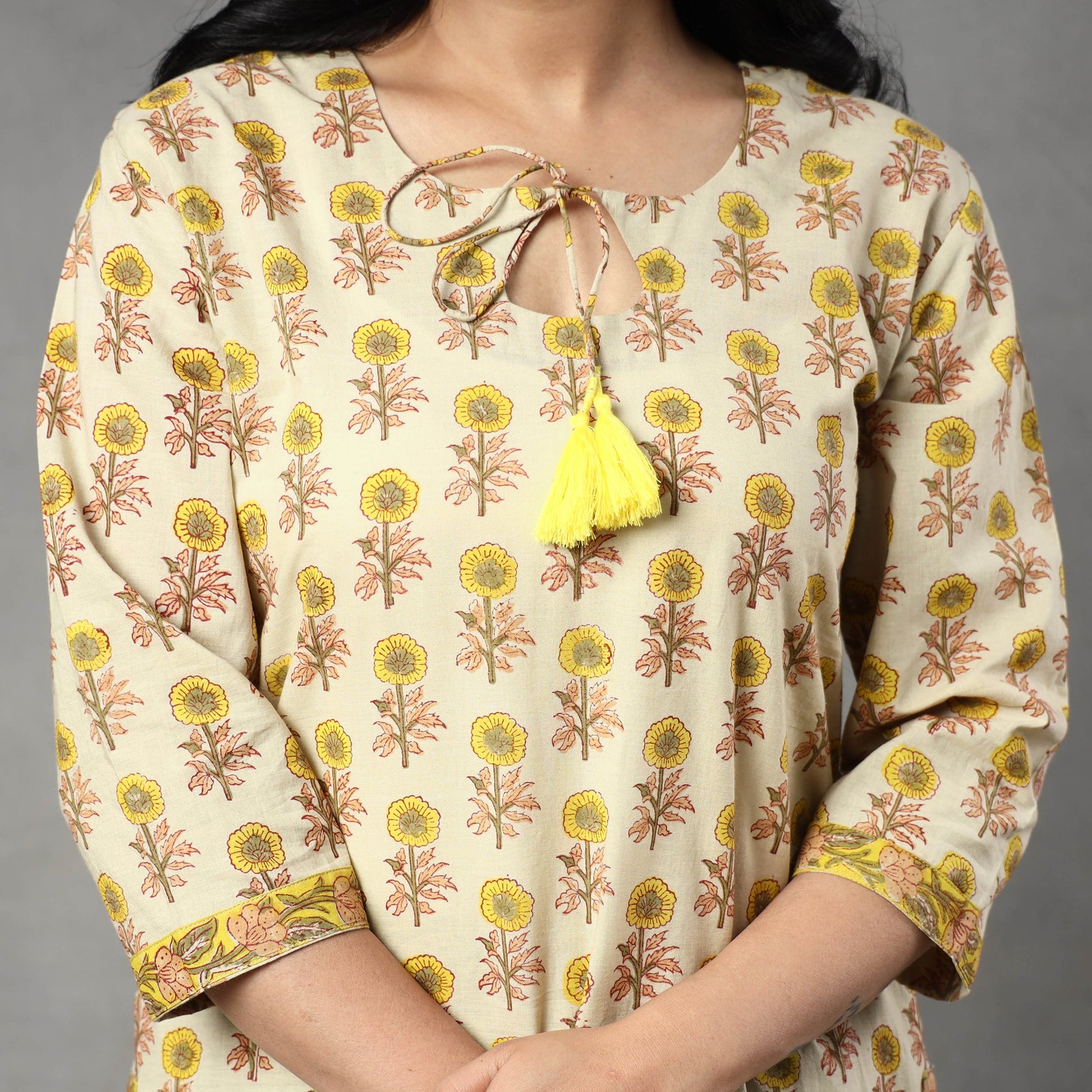 Beige - Sanganeri Block Printing Cotton Kurta with Palazzo & Dupatta Set