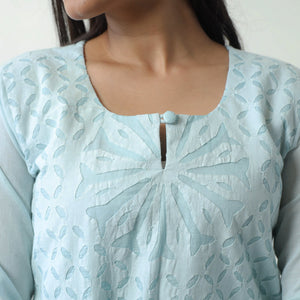 Blue - Applique Cut Work Cotton Kurta with Palazzo & Dupatta Set 04