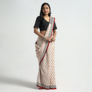 Beige - Bagh Hand Block Printed Natural Dyed Cotton Saree