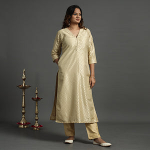 Beige - Elegant Banarasi Brocade Silk Kurta with Pant Set