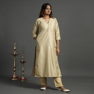 Beige - Elegant Banarasi Brocade Silk Kurta with Pant Set