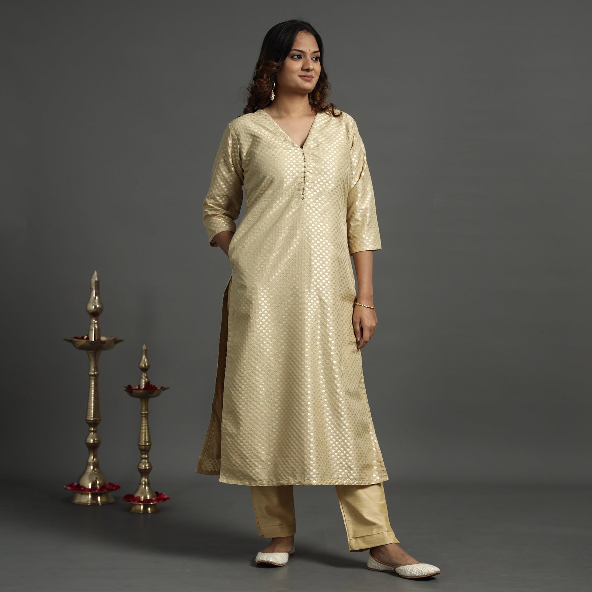 Beige - Elegant Banarasi Brocade Silk Kurta with Pant Set