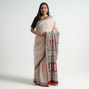 Beige - Bagh Hand Block Printed Natural Dyed Cotton Saree