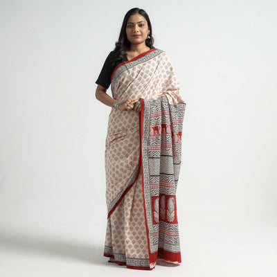 Beige - Bagh Hand Block Printed Natural Dyed Cotton Saree