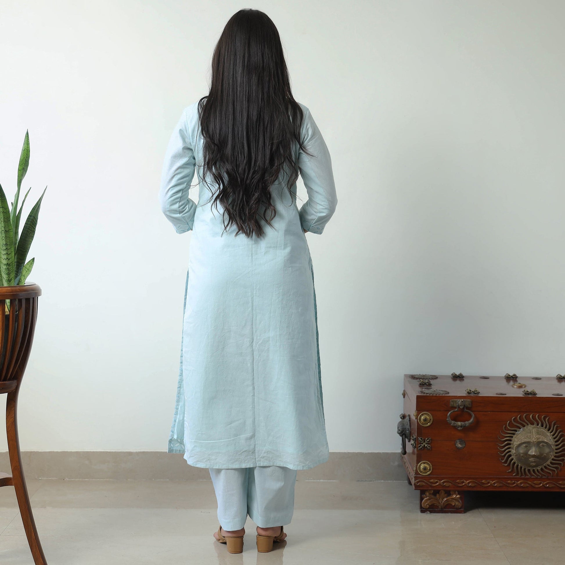 Blue - Applique Cut Work Cotton Kurta with Palazzo & Dupatta Set 04