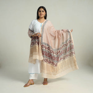 Beige - Traditional Maheshwari Silk Bagh Print Dupatta 02