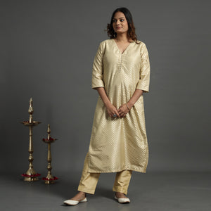 Beige - Elegant Banarasi Brocade Silk Kurta with Pant Set