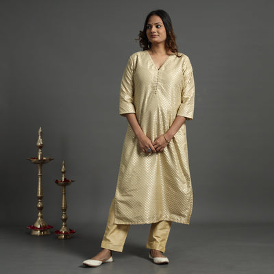 Beige - Elegant Banarasi Brocade Silk Kurta with Pant Set