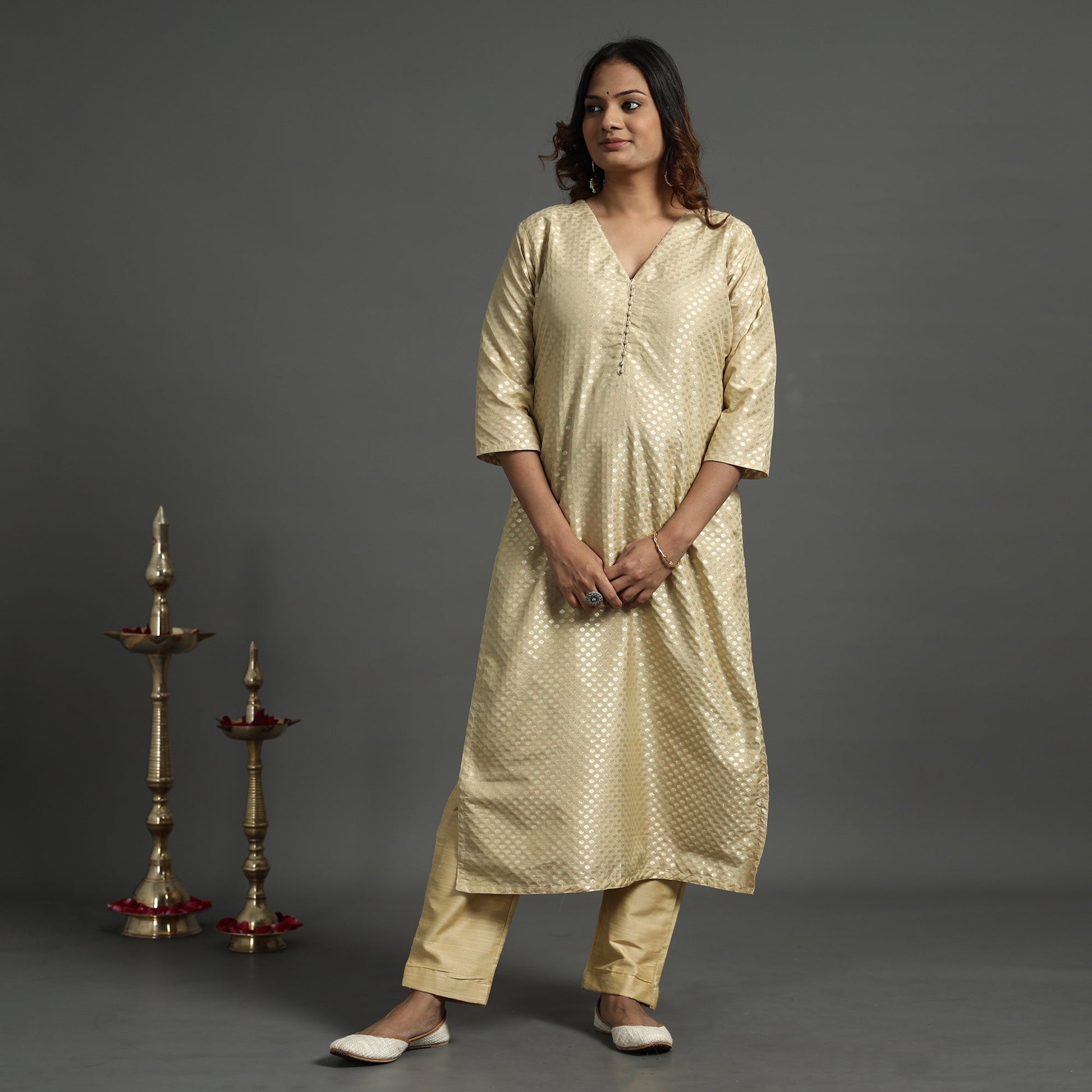Beige - Elegant Banarasi Brocade Silk Kurta with Pant Set