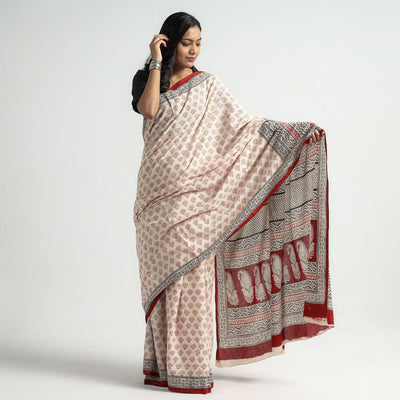 Beige - Bagh Hand Block Printed Natural Dyed Cotton Saree