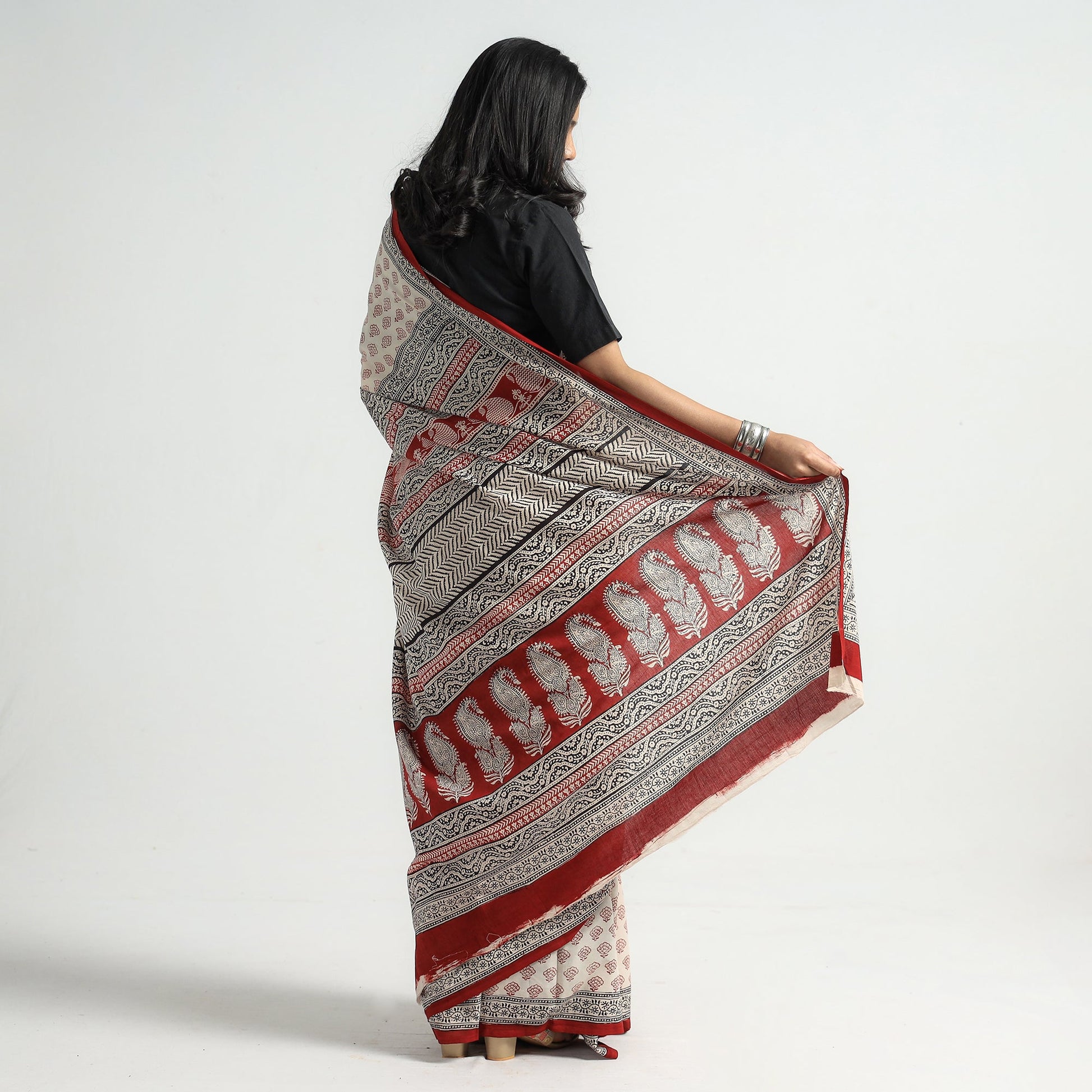 Beige - Bagh Hand Block Printed Natural Dyed Cotton Saree