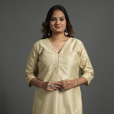 Beige - Elegant Banarasi Brocade Silk Kurta with Pant Set