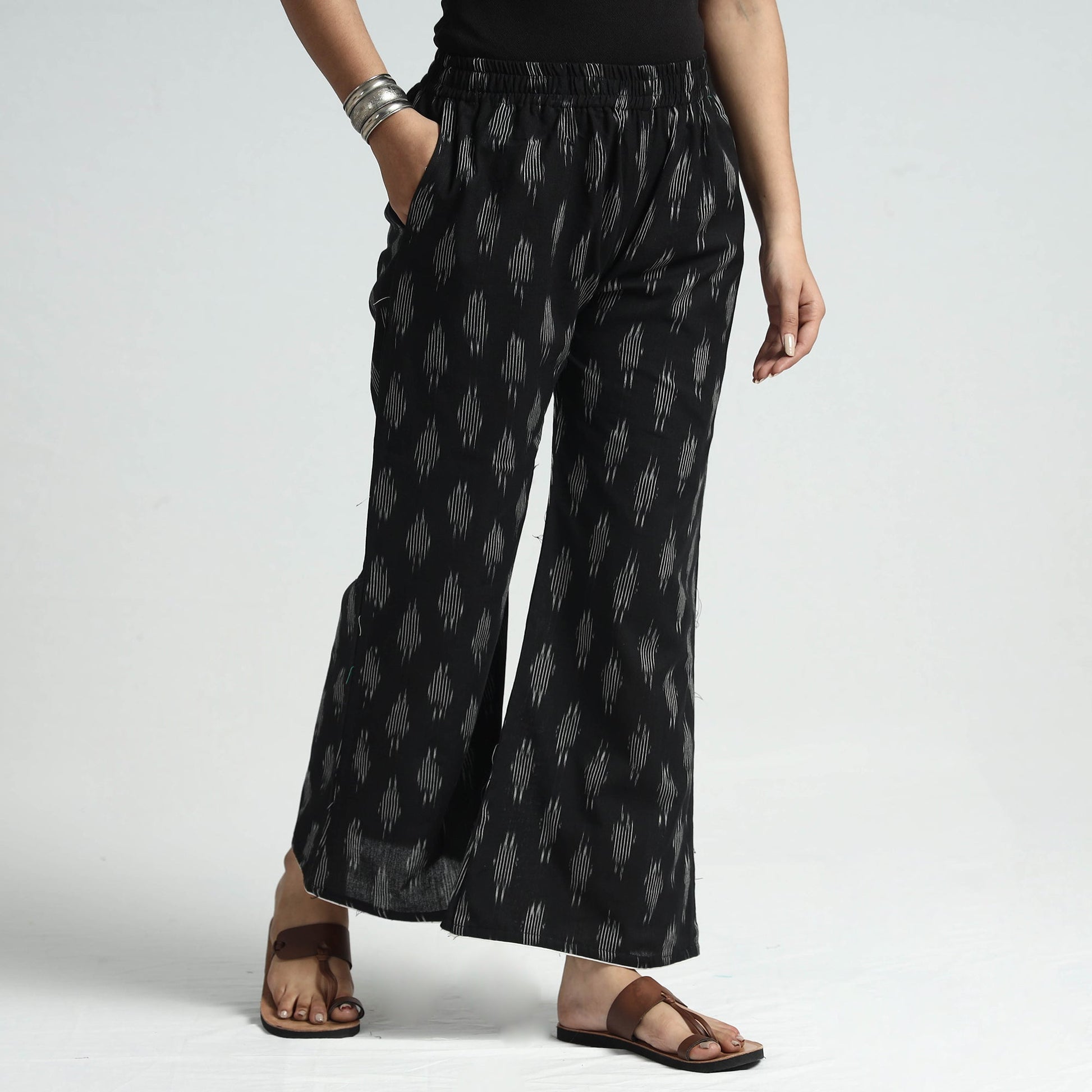 Black - Pochampally Ikat Weave Cotton Elasticated Palazzo