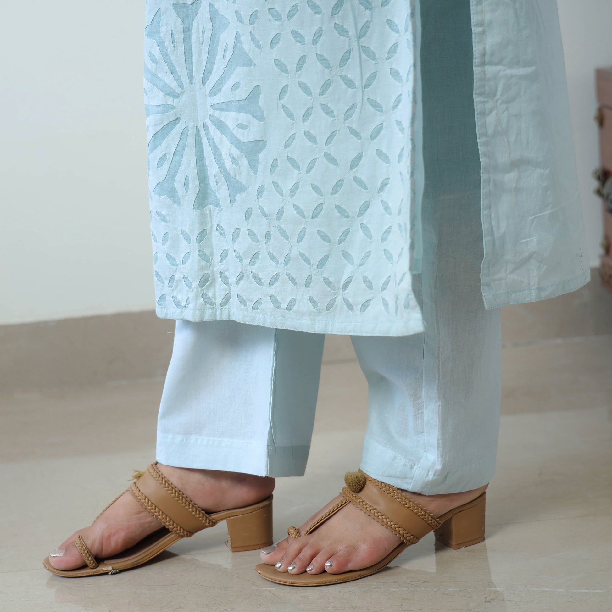 Blue - Applique Cut Work Cotton Kurta with Palazzo & Dupatta Set 04