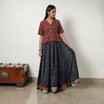 Blue - 24 Kali Patchwork Block Printed Cotton Ajrakh Skirt 18