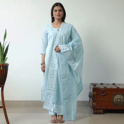 Blue - Applique Cut Work Cotton Kurta with Palazzo & Dupatta Set 04