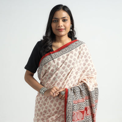 Beige - Bagh Hand Block Printed Natural Dyed Cotton Saree