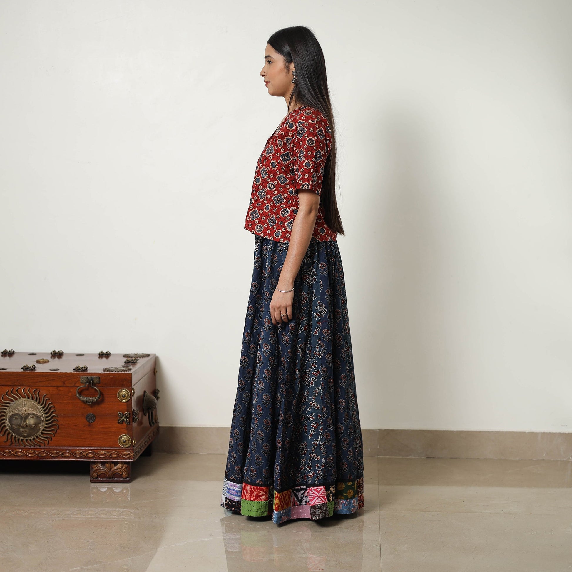 Blue - 24 Kali Patchwork Block Printed Cotton Ajrakh Skirt 18