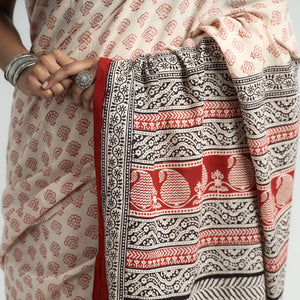 Beige - Bagh Hand Block Printed Natural Dyed Cotton Saree