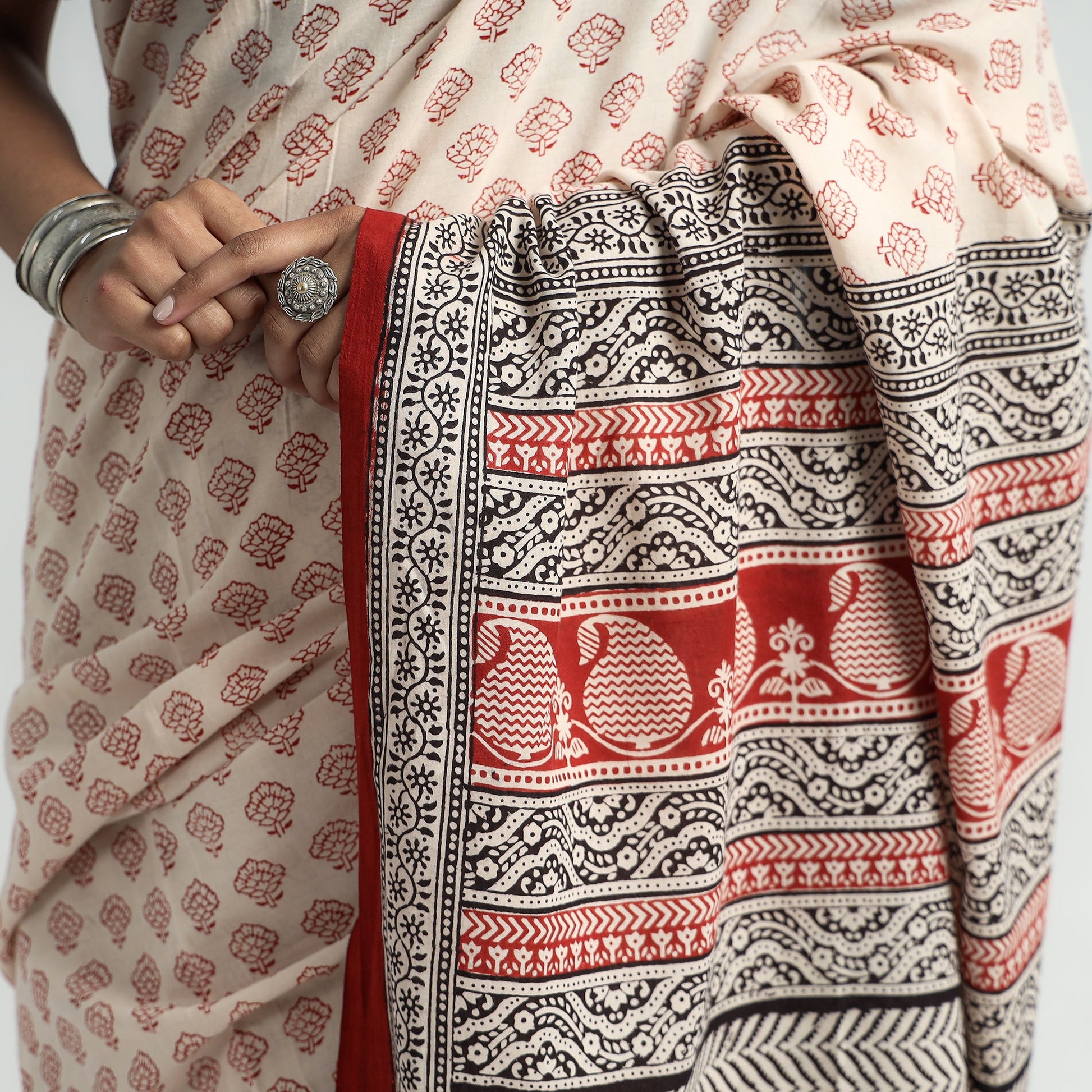 Beige - Bagh Hand Block Printed Natural Dyed Cotton Saree