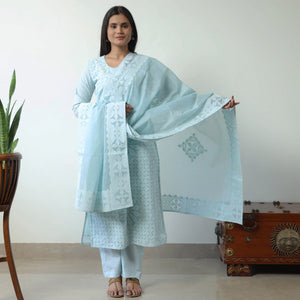 Blue - Applique Cut Work Cotton Kurta with Palazzo & Dupatta Set 04