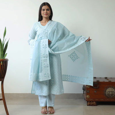 Blue - Applique Cut Work Cotton Kurta with Palazzo & Dupatta Set 04
