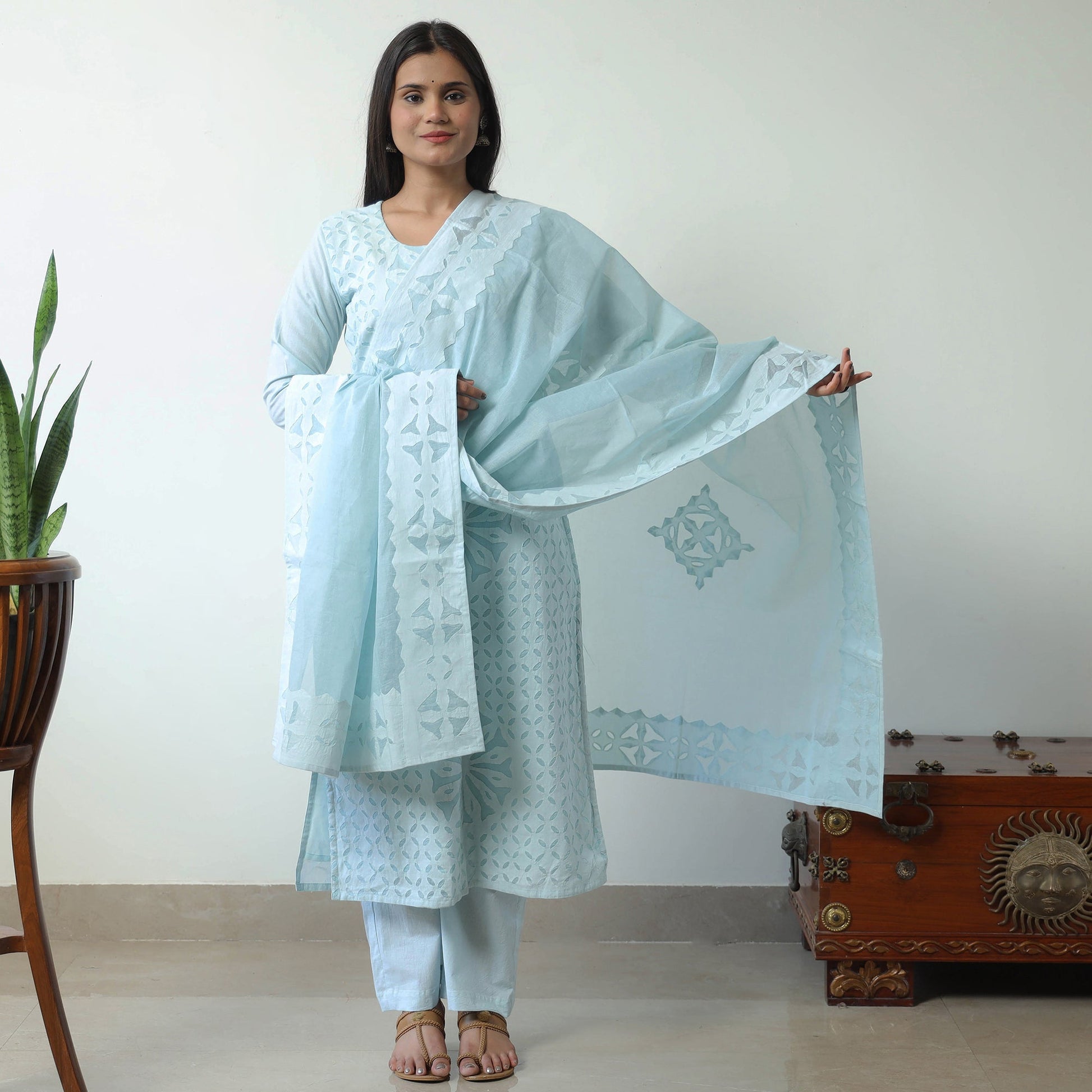 Blue - Applique Cut Work Cotton Kurta with Palazzo & Dupatta Set 04