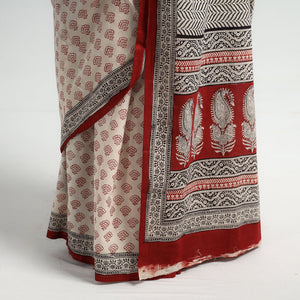 Beige - Bagh Hand Block Printed Natural Dyed Cotton Saree