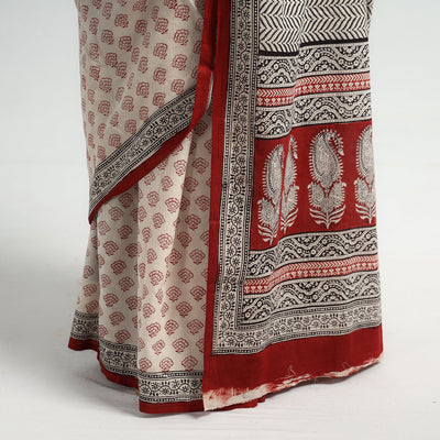 Beige - Bagh Hand Block Printed Natural Dyed Cotton Saree