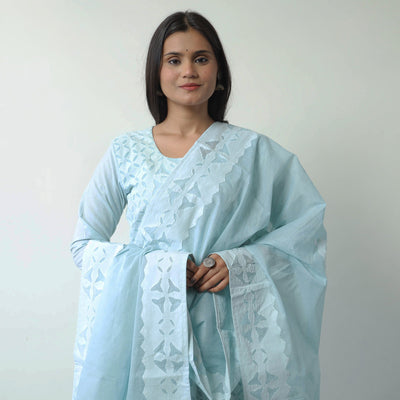 Blue - Applique Cut Work Cotton Kurta with Palazzo & Dupatta Set 04