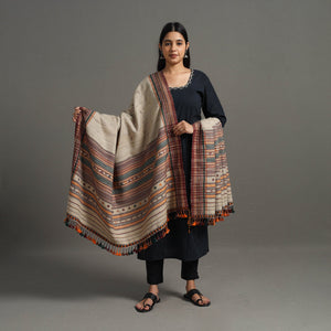 Brown - Kutch Embroidery Handwoven Silk x Woolen Dhabla Shawl 37