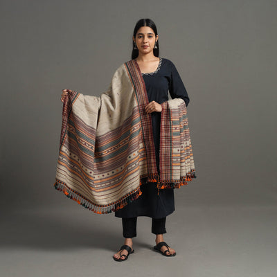 Brown - Kutch Embroidery Handwoven Silk x Woolen Dhabla Shawl 37