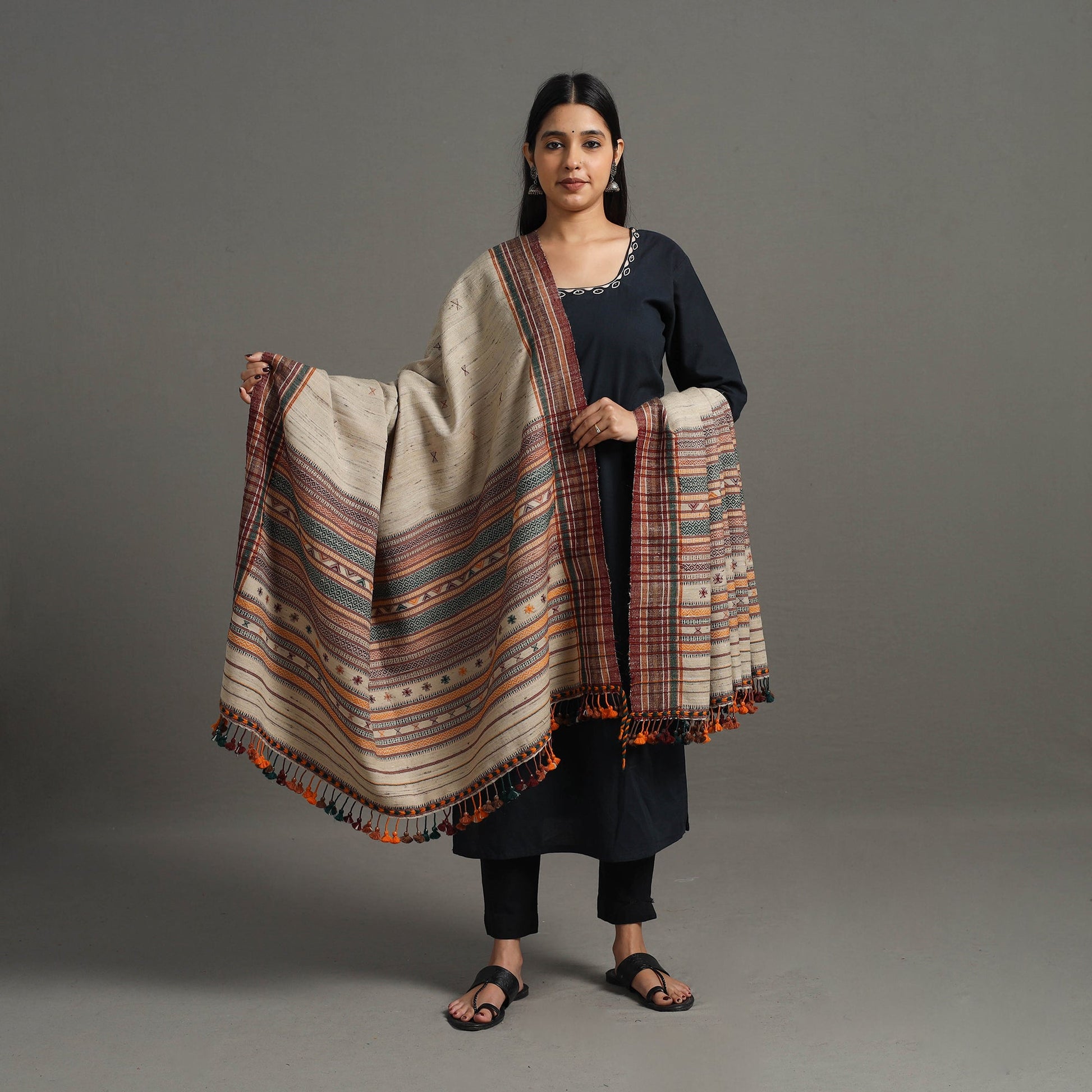 Brown - Kutch Embroidery Handwoven Silk x Woolen Dhabla Shawl 37