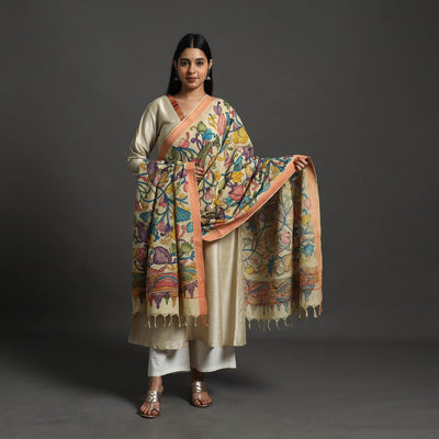 Beige - Mangalagiri Cotton Handpainted Pen Work Kalamkari Dupatta 01