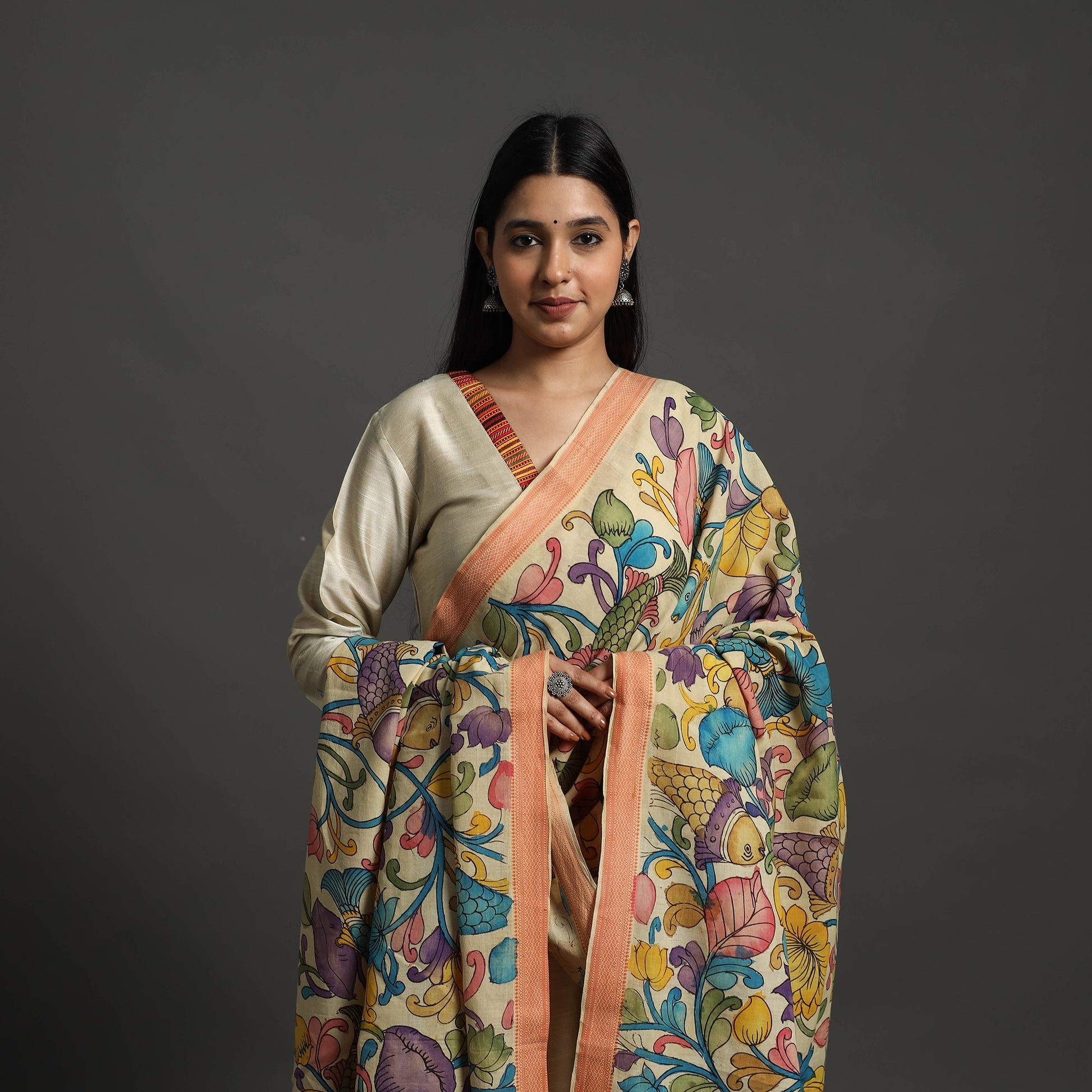 Beige - Mangalagiri Cotton Handpainted Pen Work Kalamkari Dupatta 01
