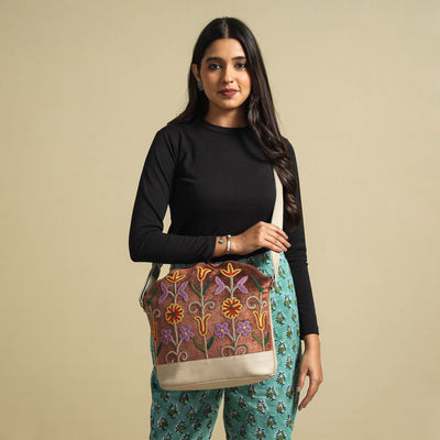 Brown - Original Crewel Hand Embroidery Leather & Velvet Sling Bag