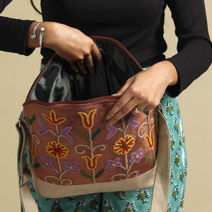 Brown - Original Crewel Hand Embroidery Leather & Velvet Sling Bag