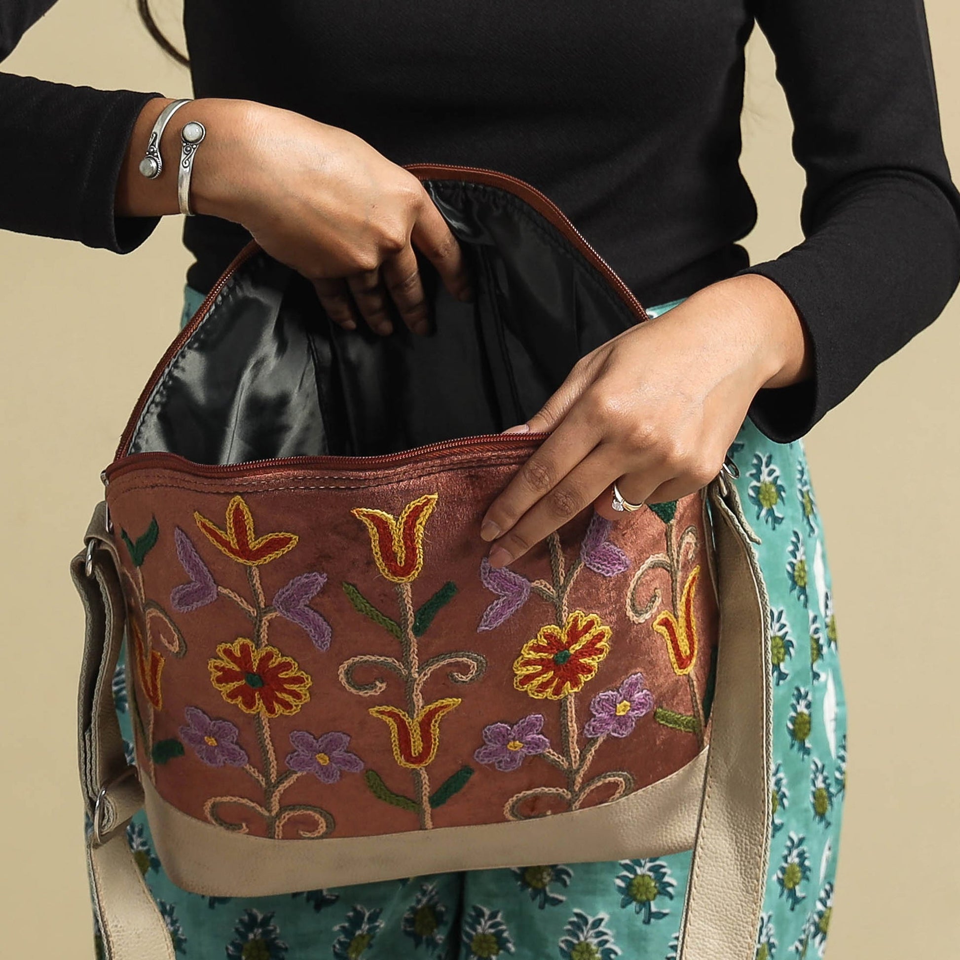 Brown - Original Crewel Hand Embroidery Leather & Velvet Sling Bag
