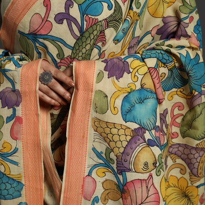 Beige - Mangalagiri Cotton Handpainted Pen Work Kalamkari Dupatta 01