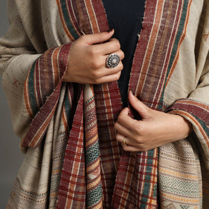 Brown - Kutch Embroidery Handwoven Silk x Woolen Dhabla Shawl 37