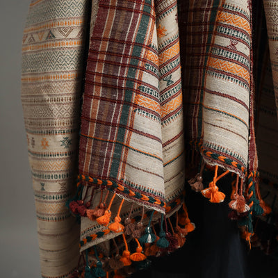 Brown - Kutch Embroidery Handwoven Silk x Woolen Dhabla Shawl 37