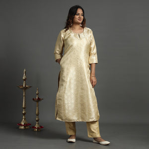 Beige - Elegant Banarasi Brocade Silk Kurta with Pant Set