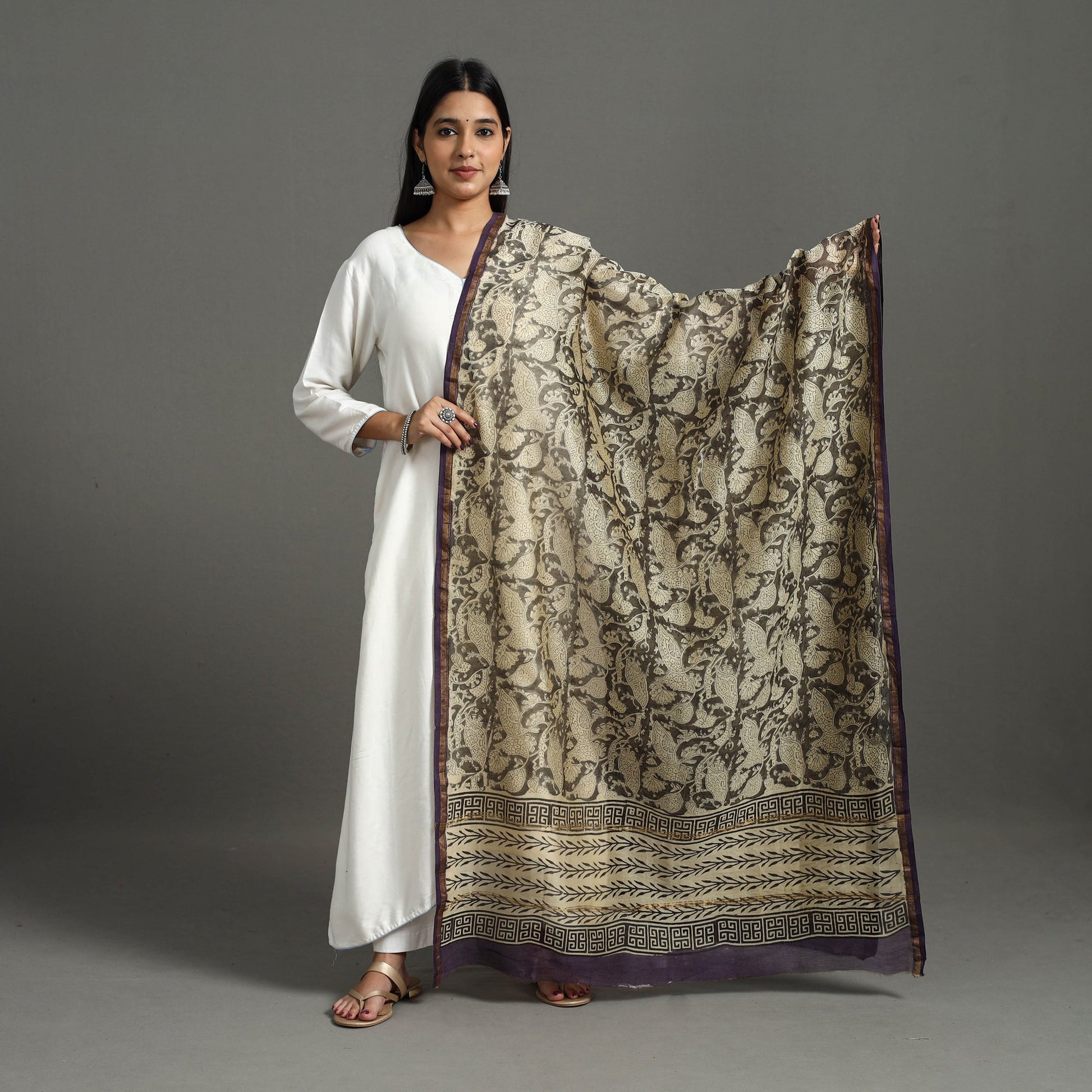 Beige - Block Printed Chanderi Silk Sanganeri Dupatta 18