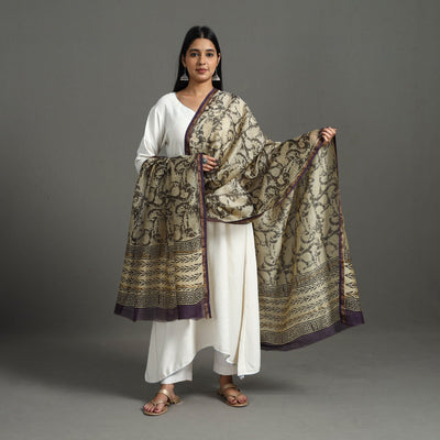 Beige - Block Printed Chanderi Silk Sanganeri Dupatta 18