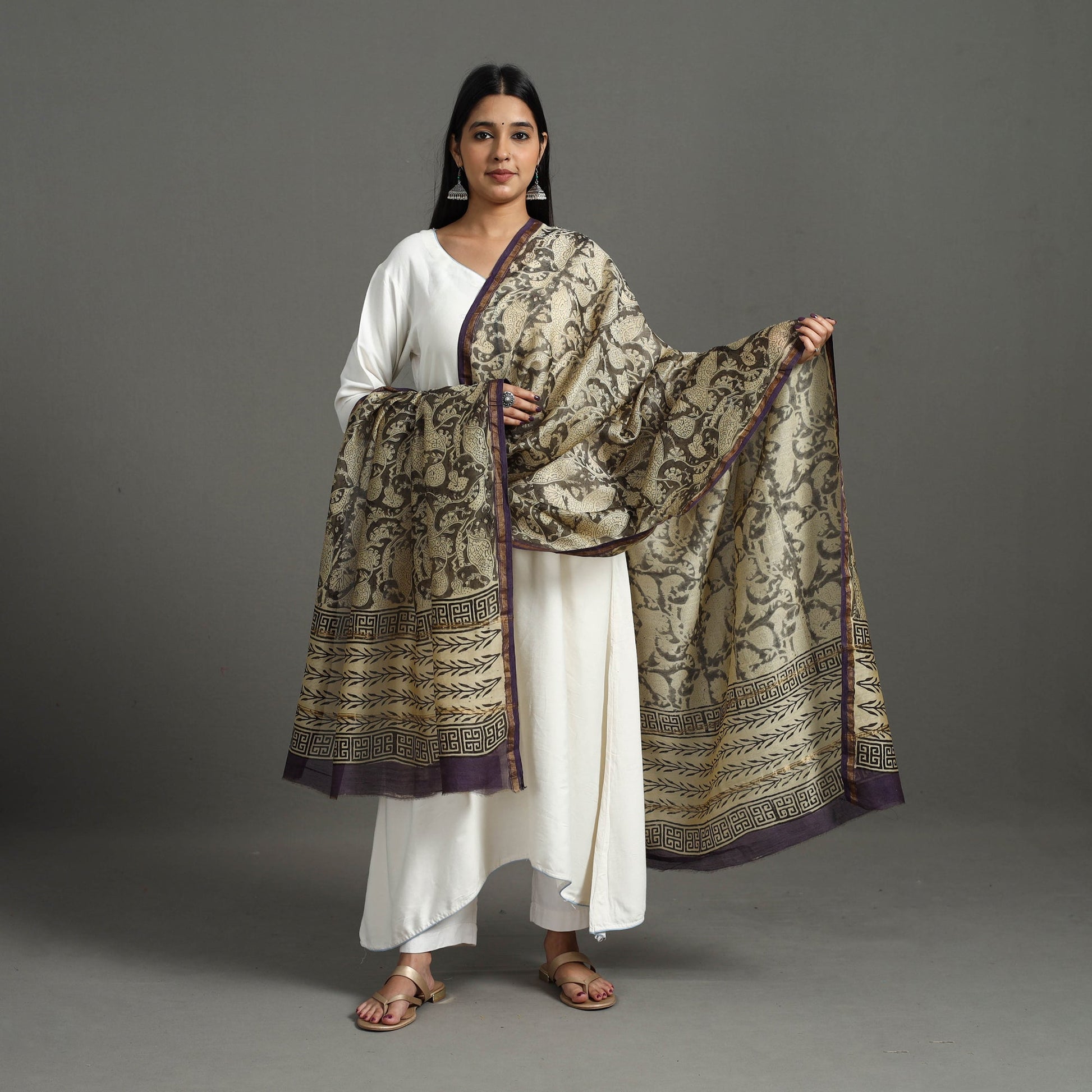 Beige - Block Printed Chanderi Silk Sanganeri Dupatta 18