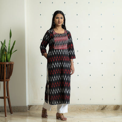 Black - Pochampally Ikat Weave Cotton Long Kurta