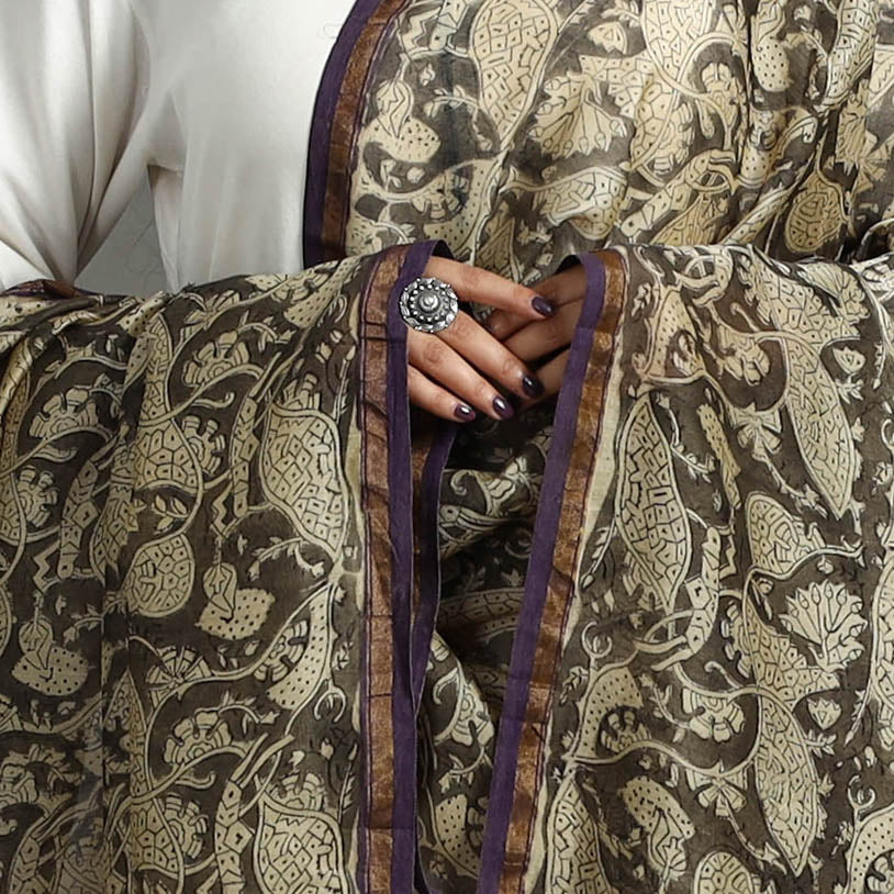 Beige - Block Printed Chanderi Silk Sanganeri Dupatta 18