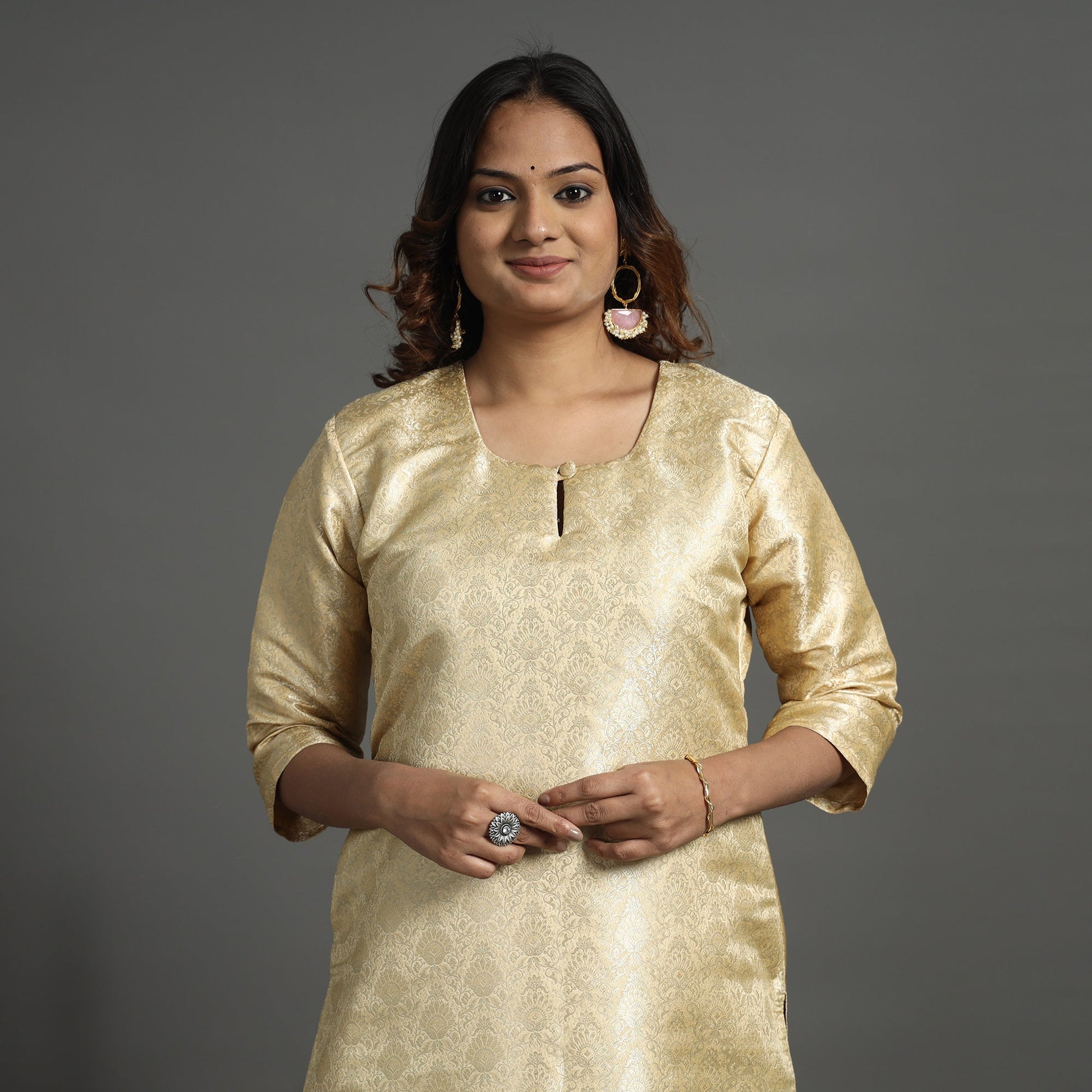 Beige - Elegant Banarasi Brocade Silk Kurta with Pant Set