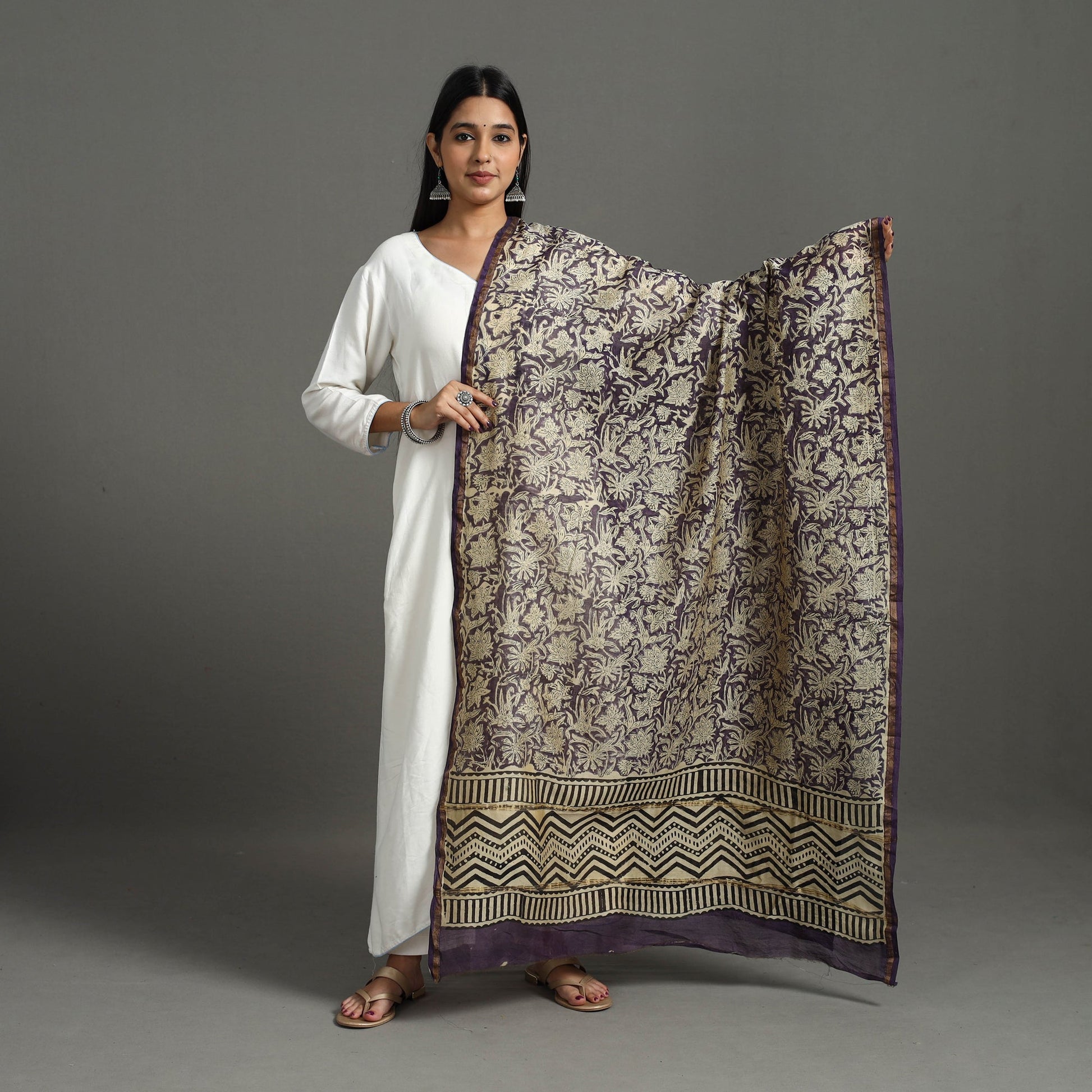 Beige - Block Printed Chanderi Silk Sanganeri Dupatta 19