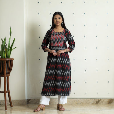 Black - Pochampally Ikat Weave Cotton Long Kurta